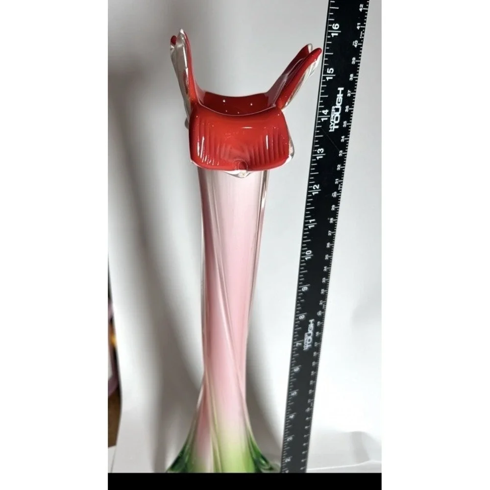Vintage Jack in the Pulpit Red, Green Floral Hand Blown Bud Vase, Murano Style